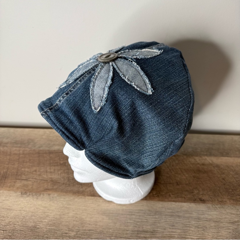 Upcycled Reversible Denim Hat Beanie Toque TNA Flower Appliqué One Of A Kind - Picture 6 of 13